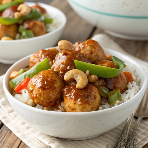 a close up of plated cashew chicken meatballs with 2 1