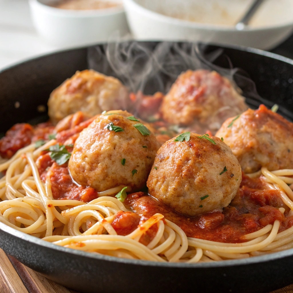 Baked Chicken Meatballs and Spaghetti