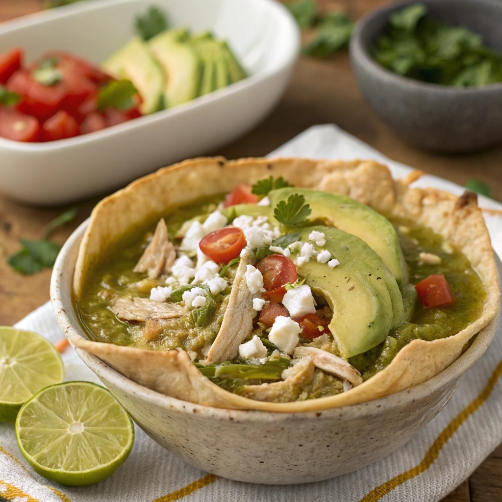 Crockpot Salsa Verde Chicken Tortilla Bowl