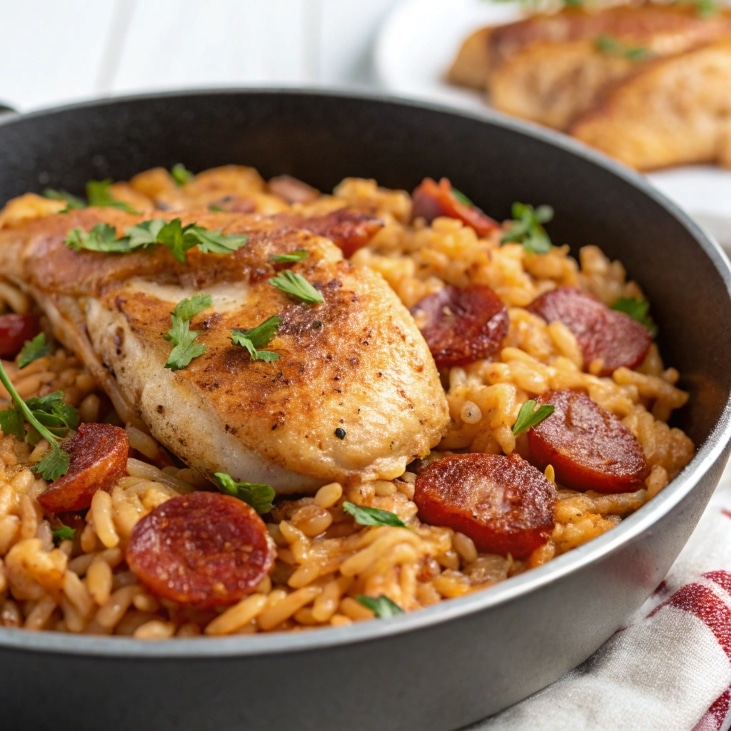 One-Pan Chicken Risoni with crispy salami