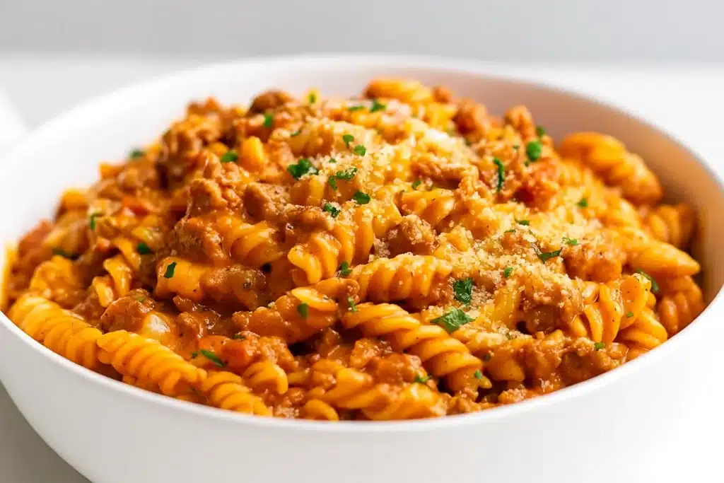 One Pot Creamy Tomato Beef Pasta