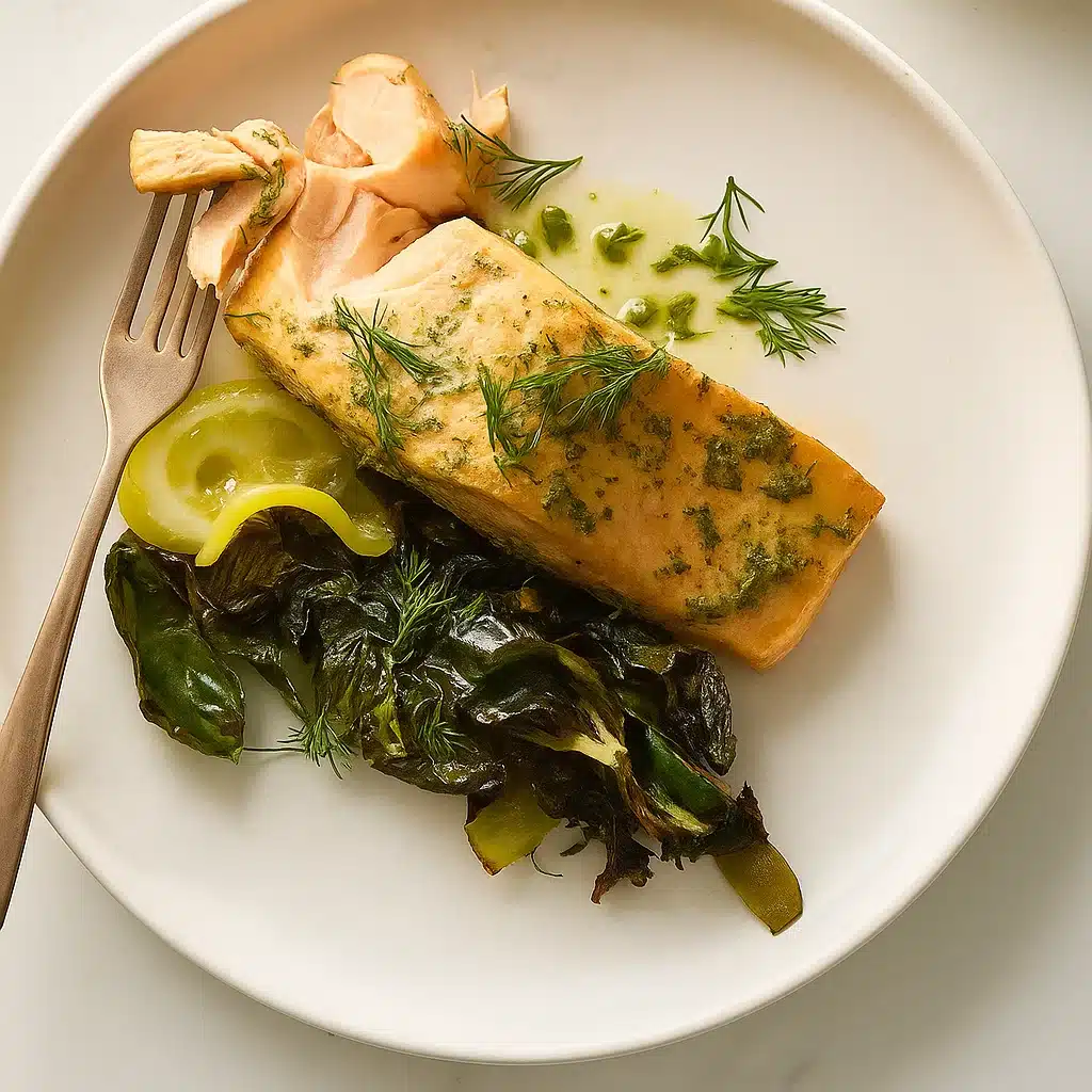 Grilled salmon with greens and herbs