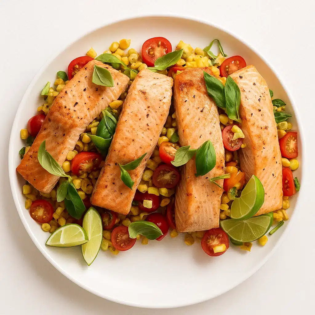 oven-seared salmon with corn