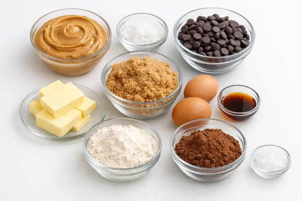 Baking ingredients in glass bowls.