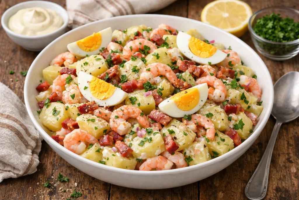 Salade de pommes de terre, crevettes roses, œufs durs et lardons 4 Salade de pommes de terre