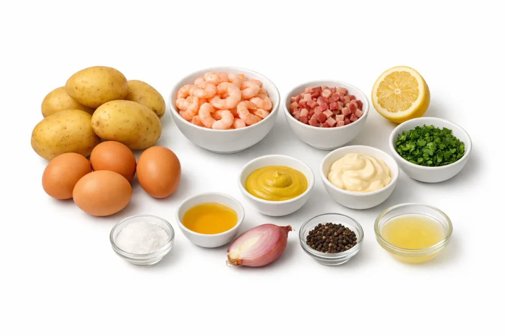 Salade de pommes de terre, crevettes roses, œufs durs et lardons 2 Salade de pommes de terre