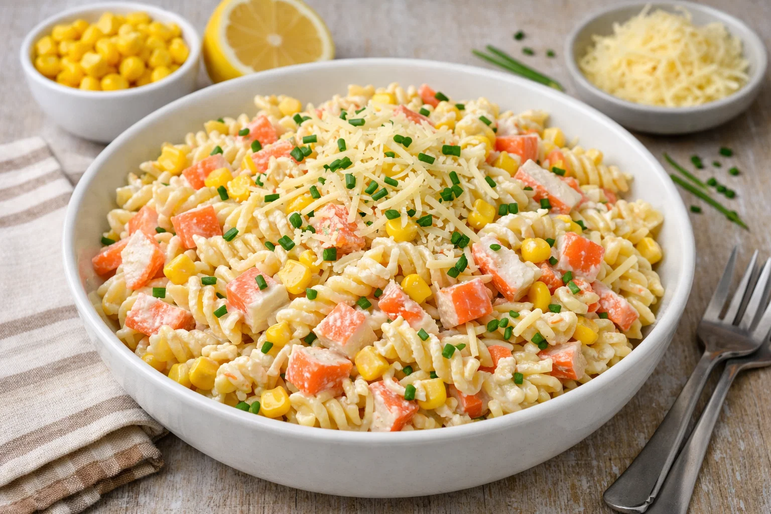 Salade de pâtes au surimi, maïs et fromage râpé