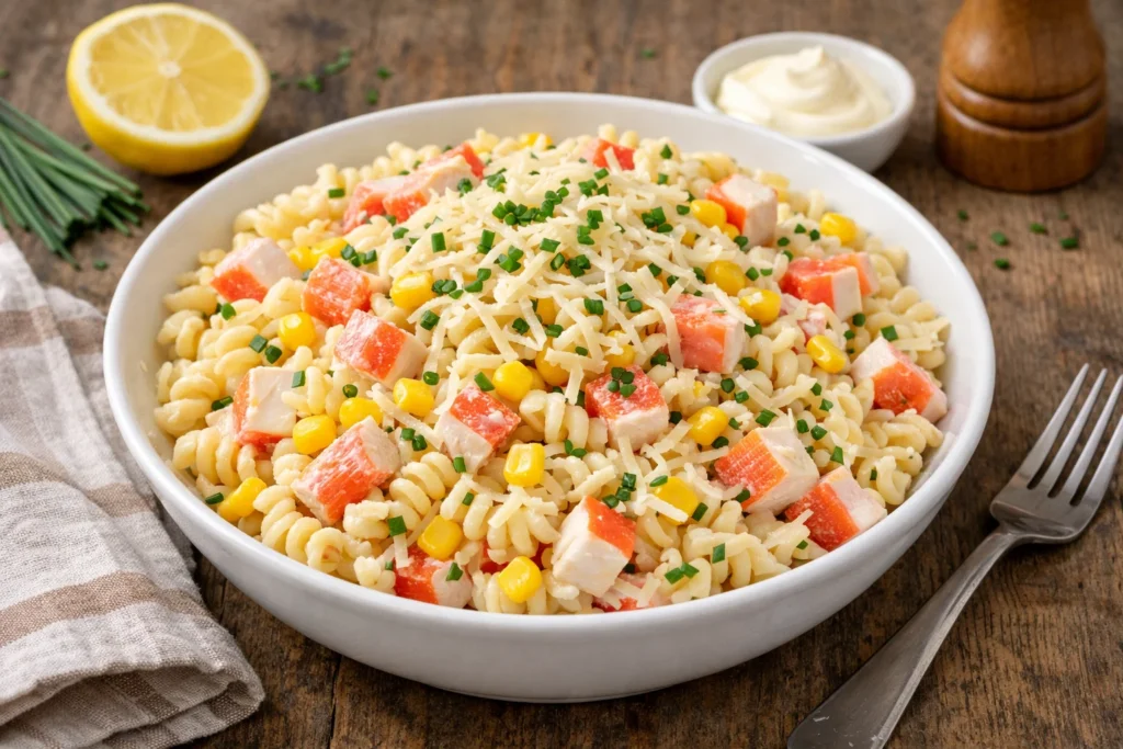 Salade de pâtes au surimi, maïs et fromage râpé 4 Salade de pâtes au surimi