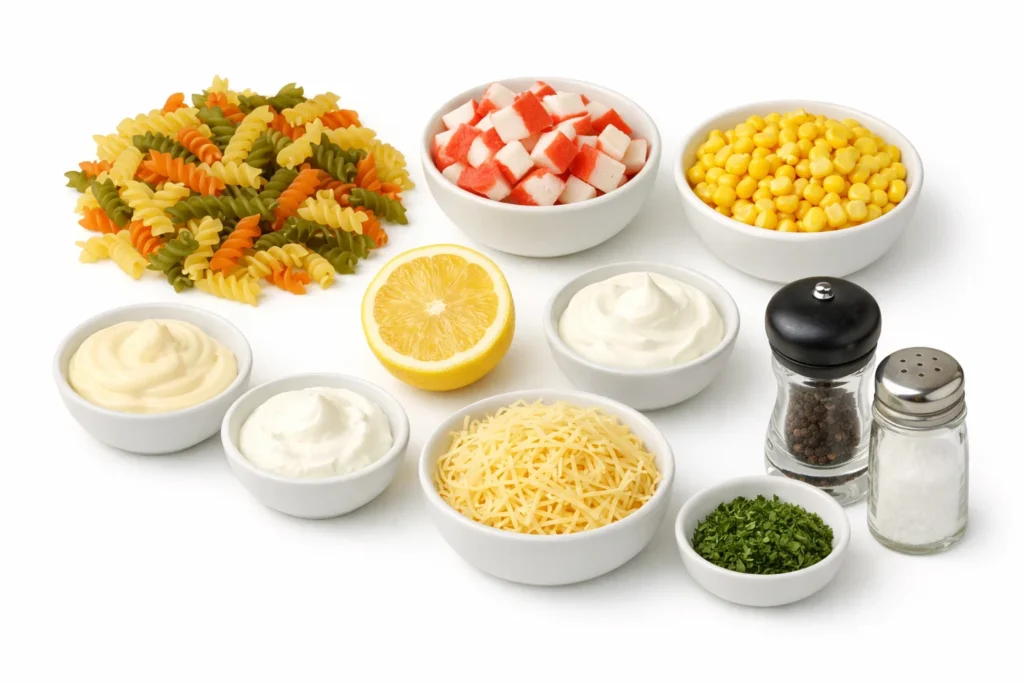 Salade de pâtes au surimi, maïs et fromage râpé 2 Salade de pâtes au surimi