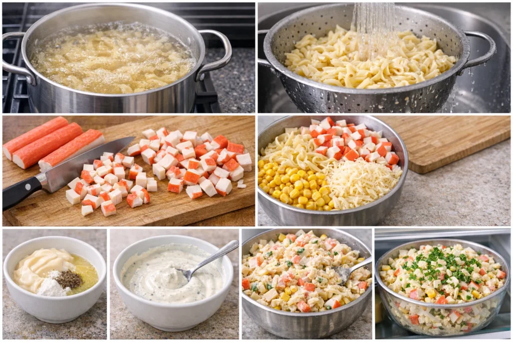 Salade de pâtes au surimi, maïs et fromage râpé 3 Salade de pâtes au surimi