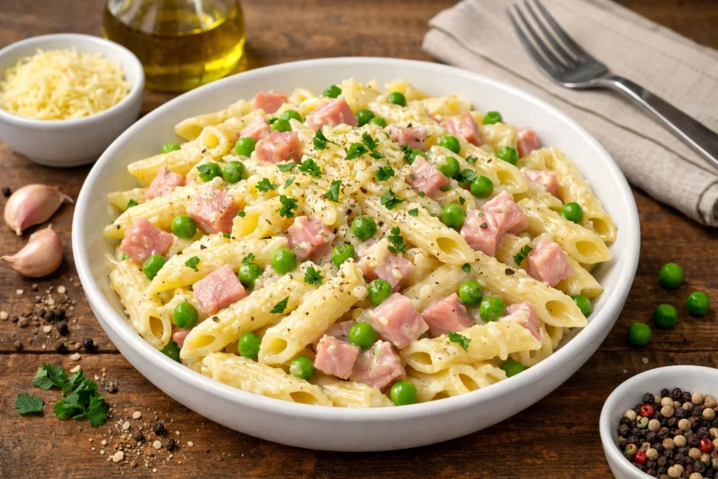Pâtes crémeuses au jambon et petits pois