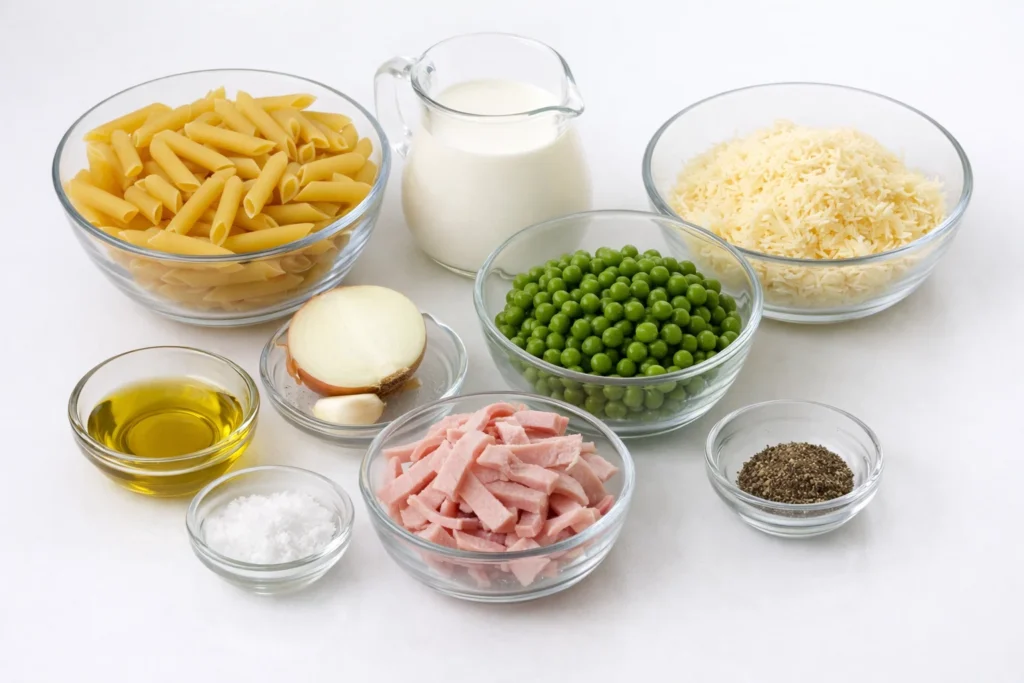 Pâtes crémeuses au jambon et petits pois