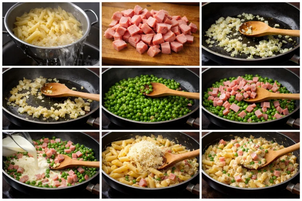 Pâtes crémeuses au jambon et petits pois