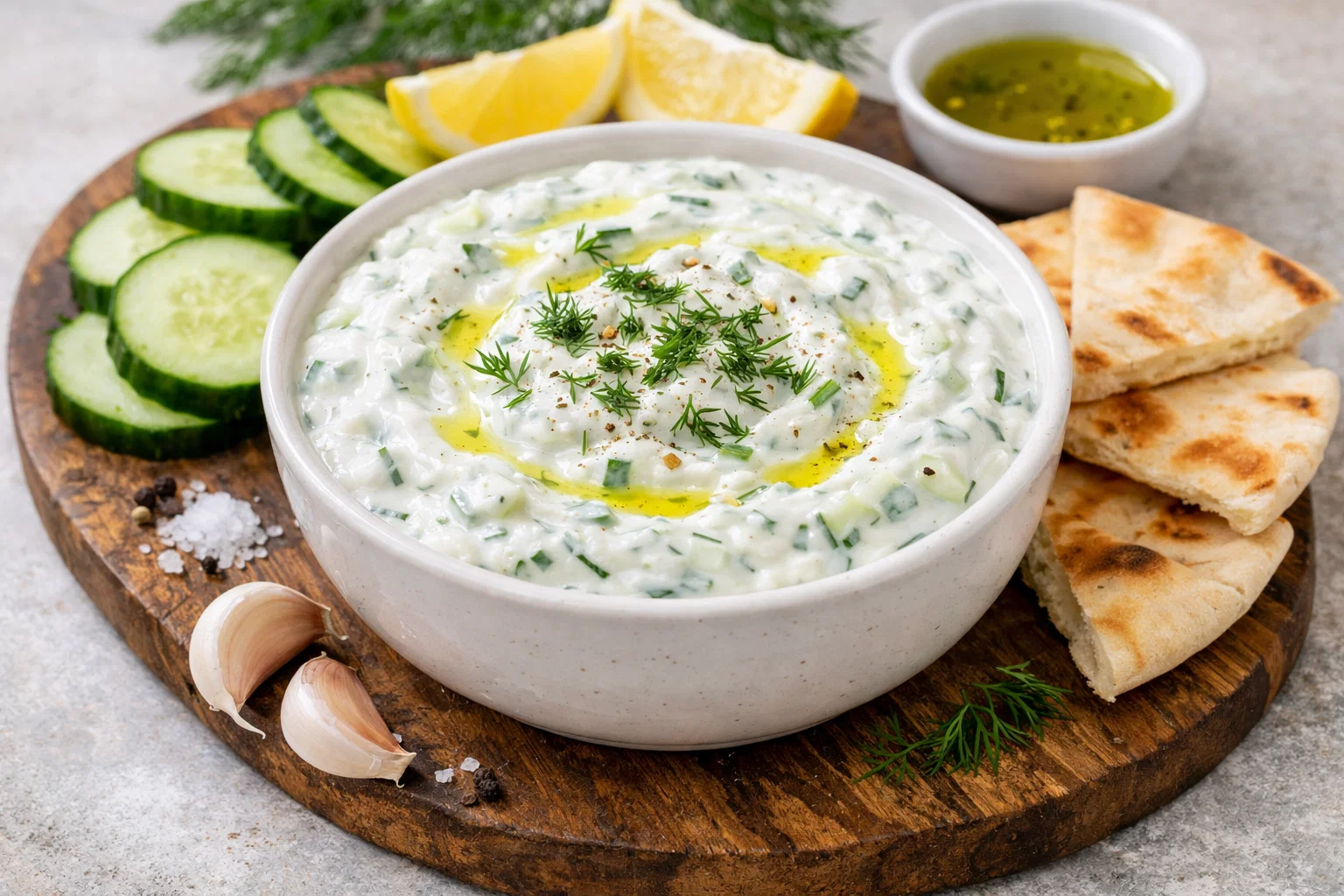 Bowl of tzatziki with vegetables